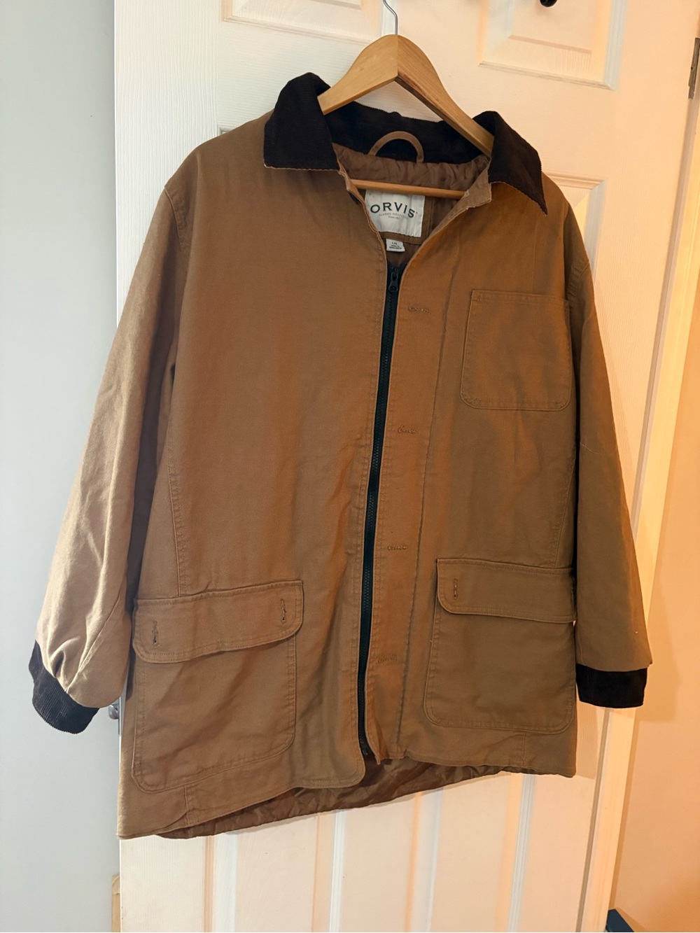 Orvis tan canvas barn chore jacket size large brown corduroy trim zip front